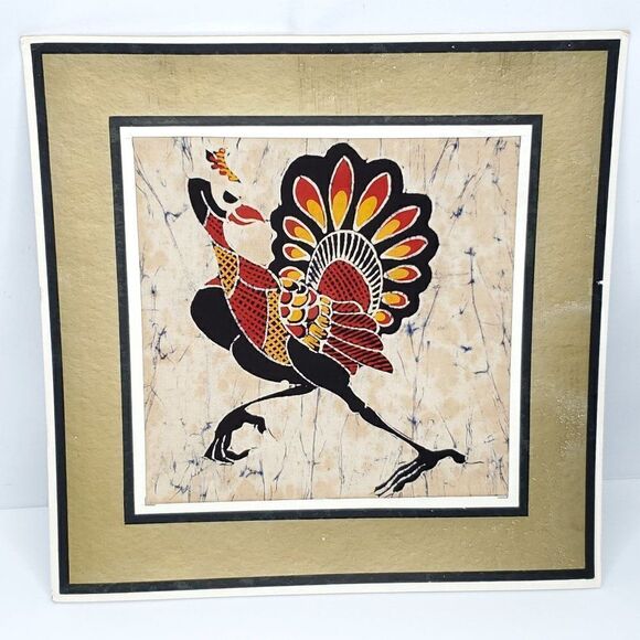 Vtg Indonesia Aswar Batik Collection Bird Peacock Ostrich Wall Decor Tan RightFC - Picture 1 of 3